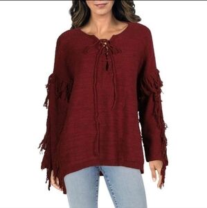 BLUSH NOIR ANTHROPOLOGIE Split Seam Fringe Poncho Sweater Sz S Burgundy NWT